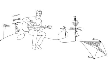 Çatıda oturan müzisyen gitar çalan