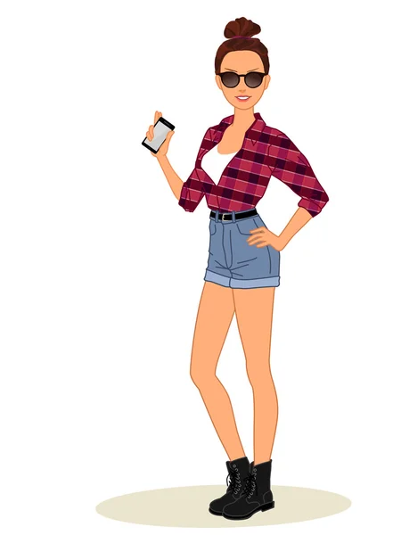 Casual hipster fille montre téléphone mobile — Image vectorielle