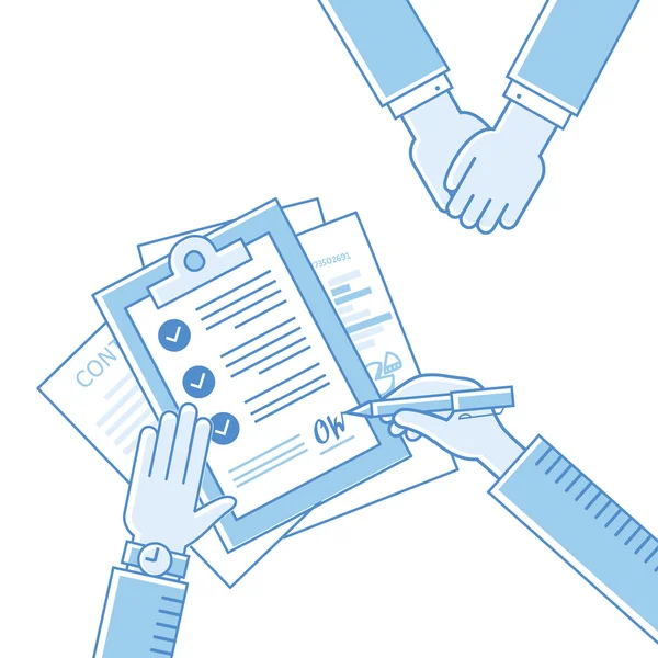 Business man handen met contract, ondertekening van een Verdrag zakelijke overeenkomst platte ontwerp lineaire iconen vector illustratie — Stockvector