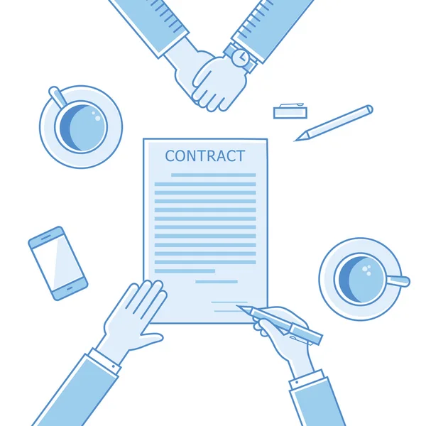 Business man handen met contract, ondertekening van een Verdrag zakelijke overeenkomst platte ontwerp lineaire iconen vector illustratie — Stockvector