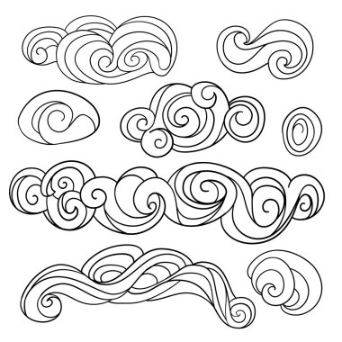 Hava dönüşü bulutlar Icons set. Sketch vektör elle çizilmiş çizim.