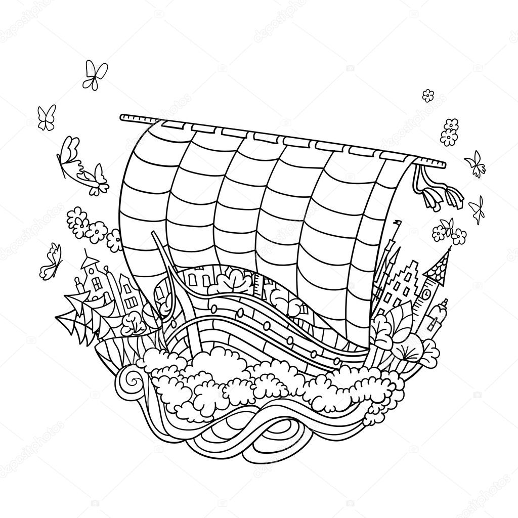 Sailing Boat on Waves in harbor vector decorative illustration, hand drawn twirl sailboat.