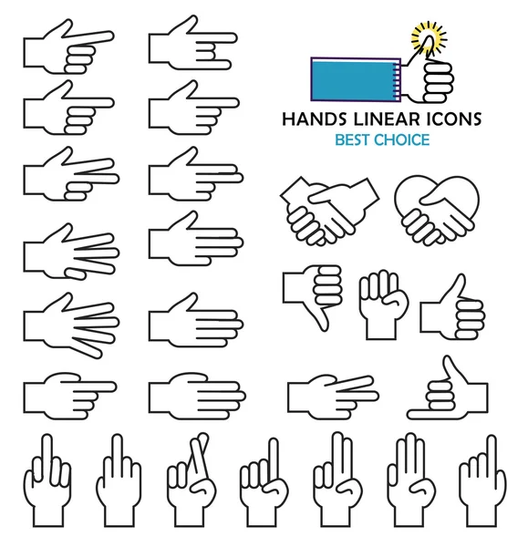 Modern linear design vector hand icons and pictograms set black isolated on white background — Stock Vector