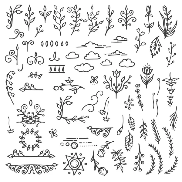 Uppsättning Hand dras svart Doodle designelement. Dekorativa blommor avdelare, pilar, virvlar, rullar. Vintage vektor — Stock vektor