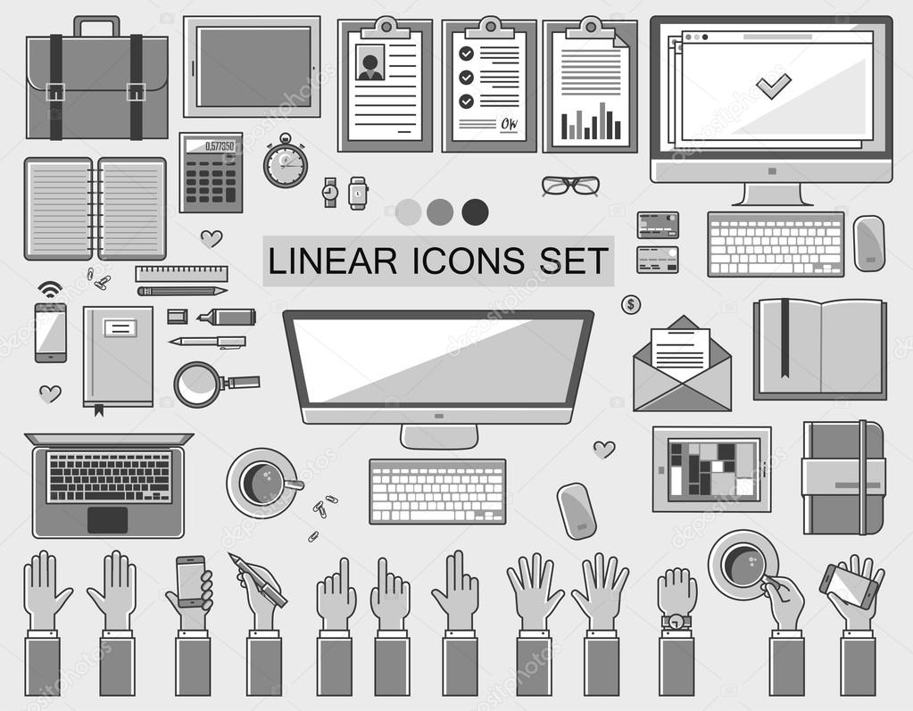 linear vector workplace icons collection, flat style icons set of a top view, gray color.  Signs hand gestures. Workspace objects