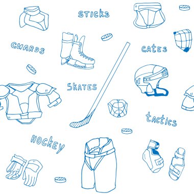 Dikişsiz desen buz hokeyi ekipman spor simge vektör handdrawn illüstrasyon collection