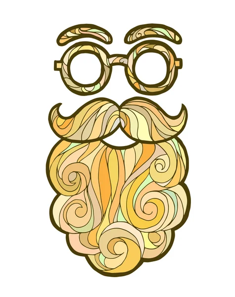 Illustrazione vettoriale baffi alla moda stile hipster, barba riccia e occhiali rotondi — Vettoriale Stock