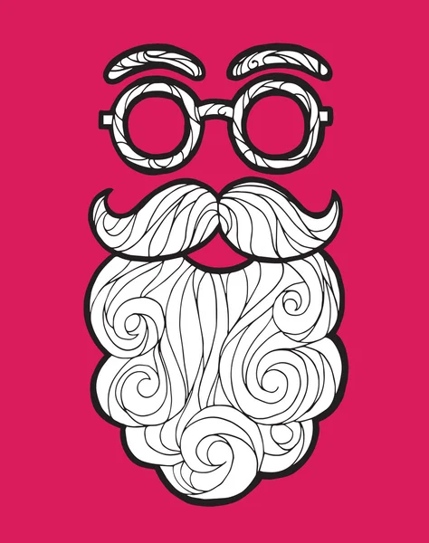 Vetor ilustração bigode moda estilo hipster, barba encaracolada e óculos redondos — Vetor de Stock