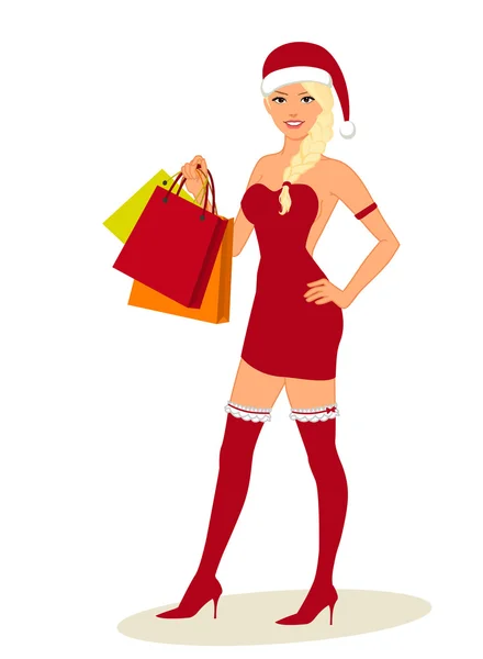 Mujer sexy en traje de Santa con bolsas de compras en sus manos, Feliz Año Nuevo, Feliz Navidad — Archivo Imágenes Vectoriales