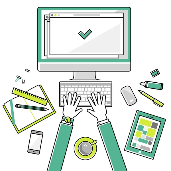 Flat linear design vector illustration concepts  workplace of education, online learning, work. with place for text Top view. — Stock Vector