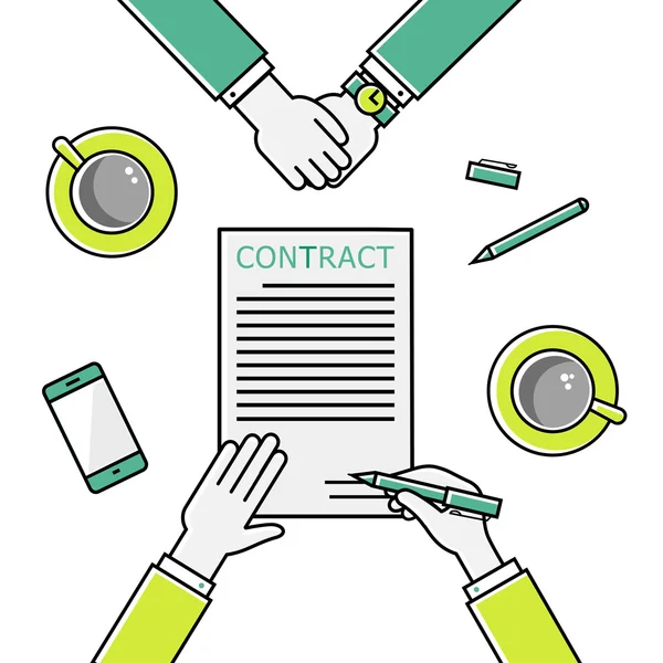 Business man handen met contract, ondertekening van een Verdrag zakelijke overeenkomst platte ontwerp lineaire iconen vector illustratie — Stockvector