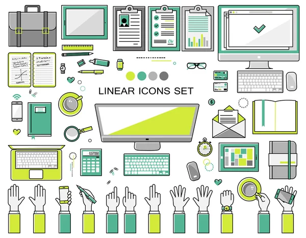 Lineaire werkplek pictogrammen collectie, platte stijlenset objecten van een bovenaanzicht. Tekenen hand gebaren. Werkruimte — Stockvector