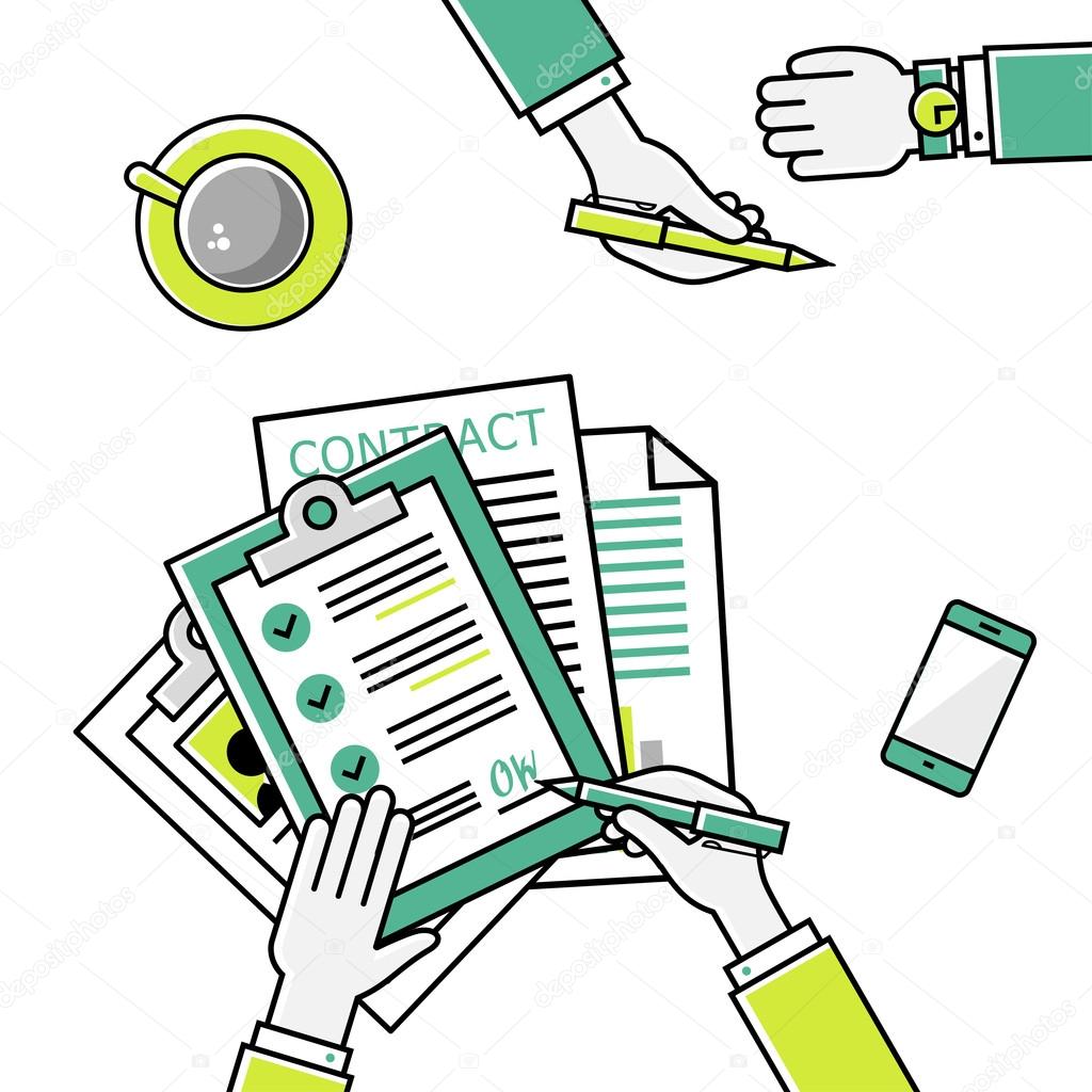 Business man hands holding contract, signing of a treaty business contract flat design vector linear icons illustration