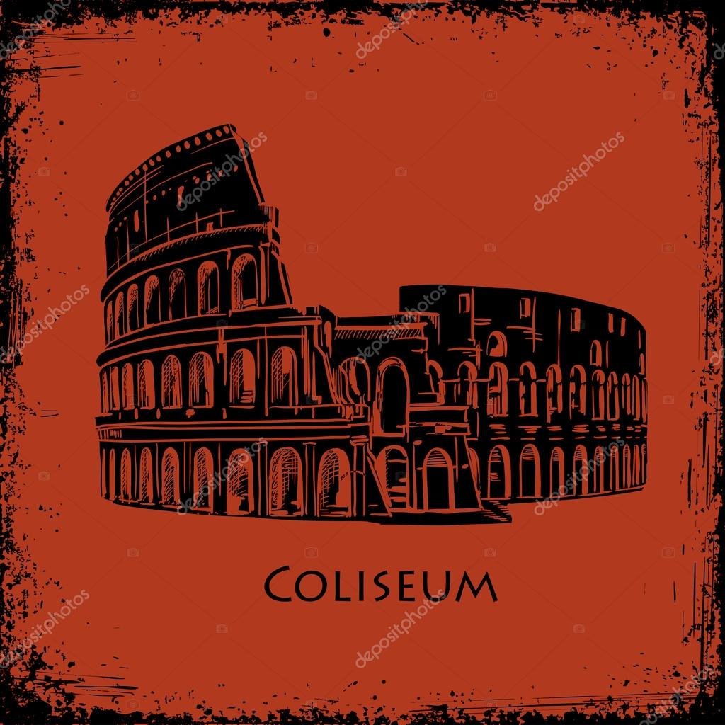 Coliseum in Rome, Italy. Black silhouette Colosseum hand drawn vector illustration in the style of ancient vase painting background