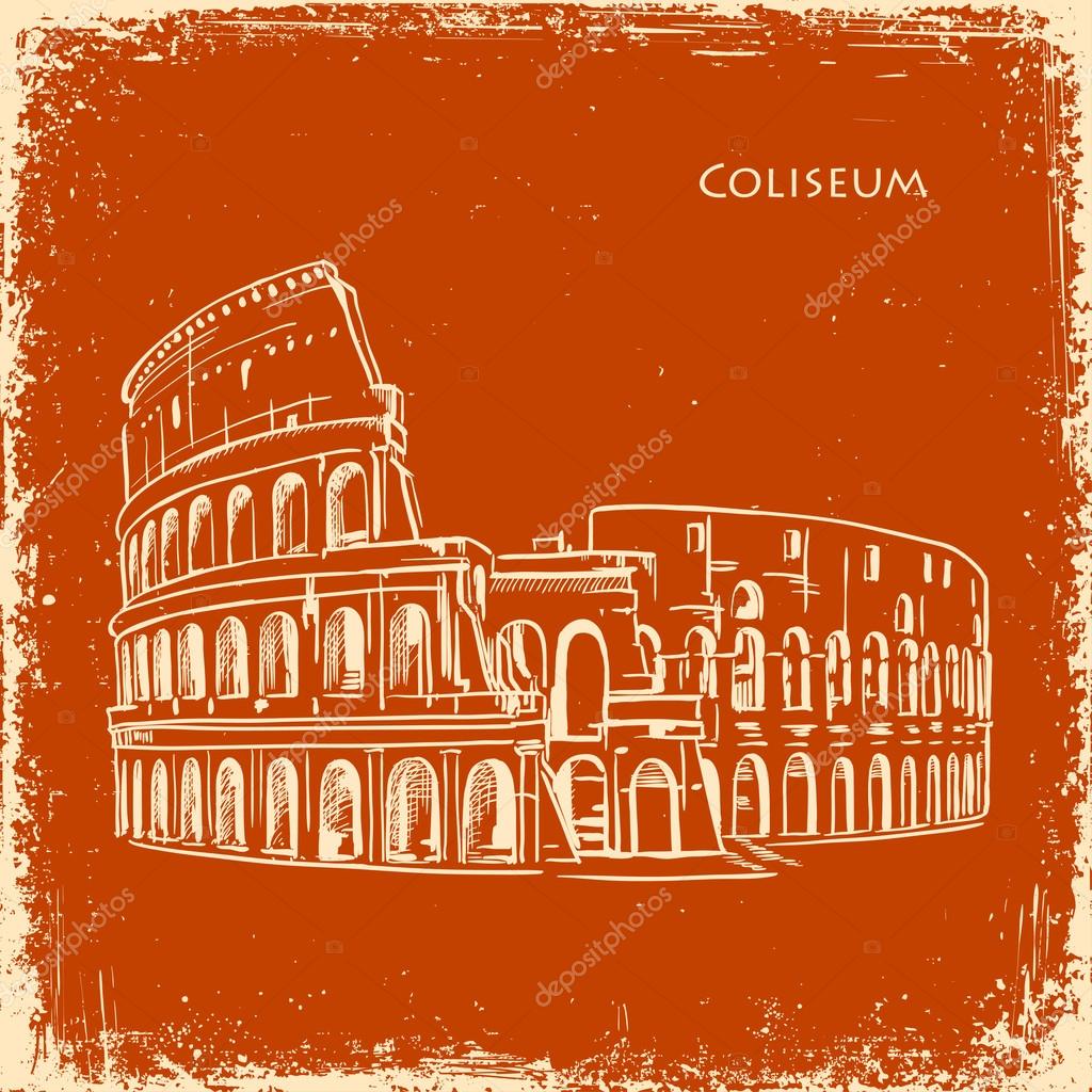 Coliseum in Rome, Italy. Colosseum hand drawn vector illustration sketch on an old paper retro texture background