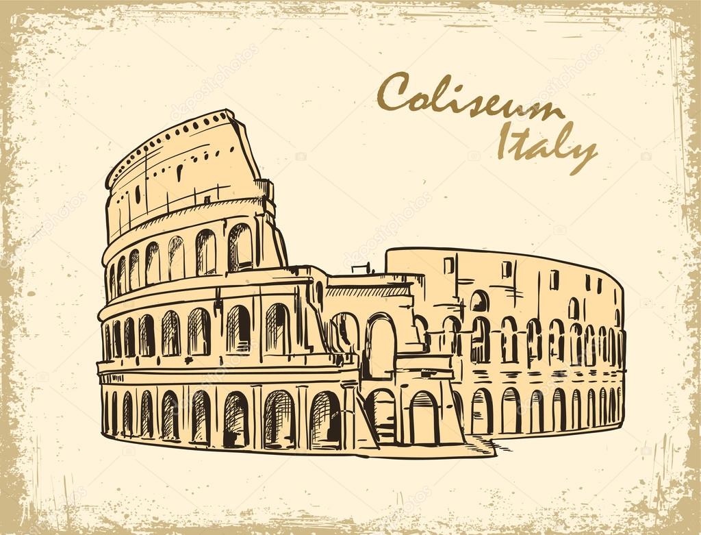 Coliseum in Rome, Italy. Colosseum hand drawn vector illustration in old paper, ink sketch