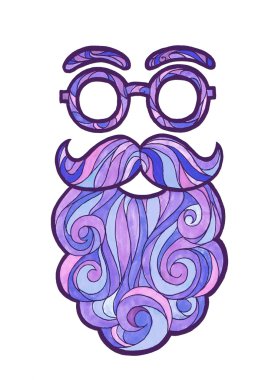 resimde bıyık moda hippi tarzı, kıvırcık sakallı ve yuvarlak gözlük