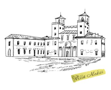 İtalyan Simgesel Yapı Villa Medici izole mürekkep kroki.