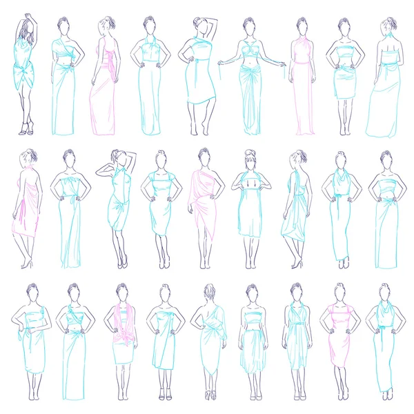 Ilustração vetorial vários vestidos de noite conjunto e roupas casuais saia sundresses modelo em diferentes poses esboço —  Vetores de Stock