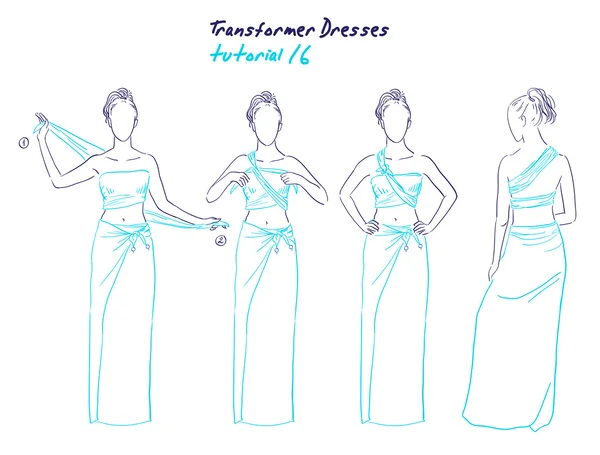 Transformator kleidet Frauen Kleidung und Accessoires, handgezeichnete Anleitung, wie man ein universelles Kleid trägt — Stockvektor
