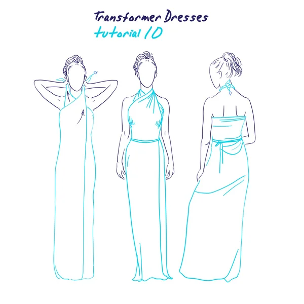 Transformator kleidet Frauen Kleidung und Accessoires, handgezeichnete Anleitung, wie man ein universelles Kleid trägt — Stockvektor
