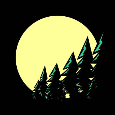 Çam ormanı manzarası ve siyah arka planda sarı güneş.