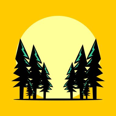 Günbatımı arka planı, sanat, tasarım ve illüstrasyonla çam ormanının vektör manzarası