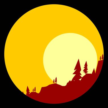 Sarı öğleden sonra gökyüzü arka planına sahip sonsuz yeşil ormanın vektör manzarası