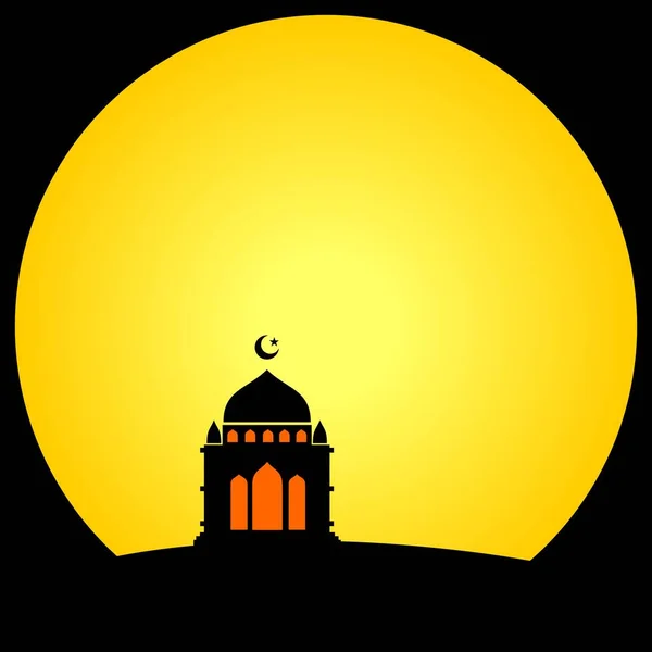 Schwarze Vektormoschee Mit Gelbem Sonnenuntergang Hintergrund — Stockvektor