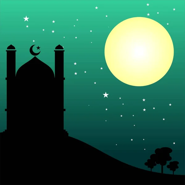 Vektorová Mešita Silueta Měsícem Hvězdami Pozadí Noci Pozadí Umění Plakáty — Stockový vektor