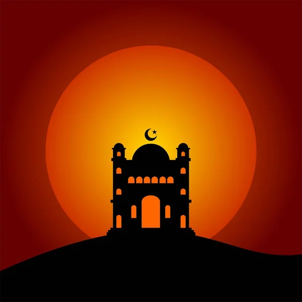 Schwarzes Moschee Vektordesign Form Einer Silhouette Mit Sonnenuntergang — Stockvektor