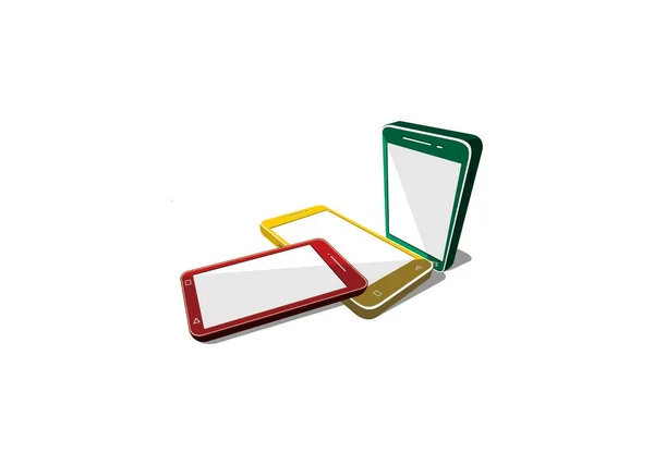Trois Smartphones Vectoriels Aux Couleurs Rouge Jaune Verte Perspective Design — Image vectorielle