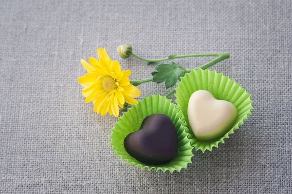 Two heart-shaped chocolates — Stock Photo, Image