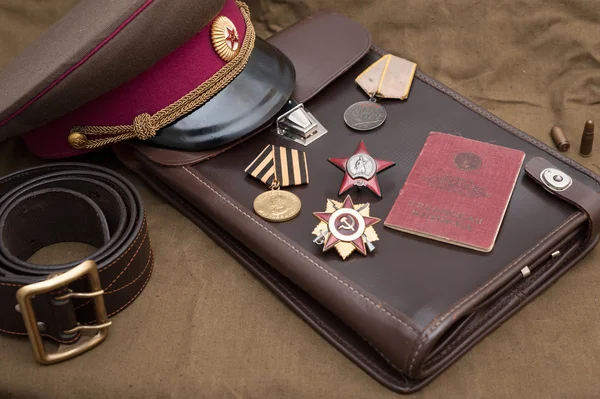 Still life with vintage objects dedicated to Victory Day. Medals and orders of Great Patriotic war. — Stock Photo, Image