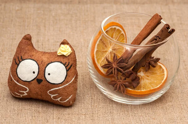 Owl toy and bowl with spices — Stock Photo, Image