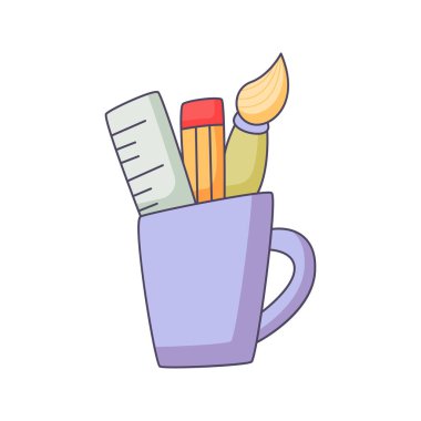 Öğrenme ekipmanı karikatür el çizimi konsept vektör kawaii illüstrasyonu.