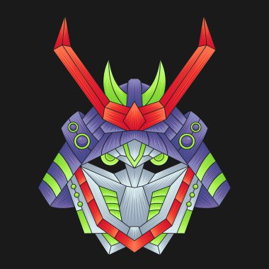 Soyut Renkli Süsleme Mekanik Samuray İllüstrasyon Karikatür Vektörü. Logo, Duvar Kağıdı, Banner, Arkaplan, Kart, Kitap İllüstrasyonu, Tişört Tasarımı, Etiket, Kapak, vb.