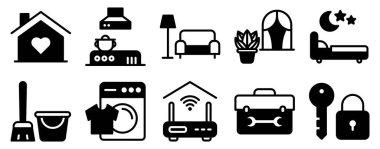Domestic solid mix style icon set for home chores cleaning kitchen laundry and household essentials