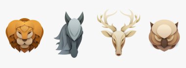 Son moda kağıttaki bir grup vahşi hayvan, el sanatları grafiklerini kesiyor. Aslan, at, geyik, baykuş. Reklam için modern tasarım, marka tebrik kartı, kapak, poster, afiş. Vektör illüstrasyonu.