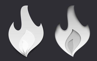 Kağıt kesiği çizgi film alevi gerçekçi moda zanaat tarzında. Modern origami tasarımı. Tebrik kartı, kapak, poster, afiş. Vektör illüstrasyonu.