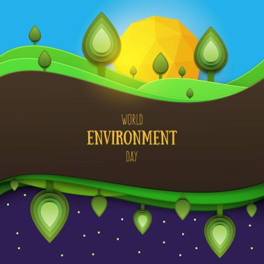 Kağıt karikatür doğa manzarası ağaç, tarla, zemin ve tepe gerçekçi moda zanaat tarzında. Modern origami tasarımı. Dünya Çevre Günü konsepti tebrik kartı, afiş. Vektör illüstrasyonu.