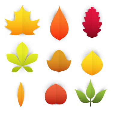 Çizgi film setleri, sonbahar yapraklarını kağıt kesiminde moda zanaat tarzında şekillendirir. Reklam için modern tasarım, marka tebrik kartı, kapak, poster, afiş. Vektör illüstrasyonu.