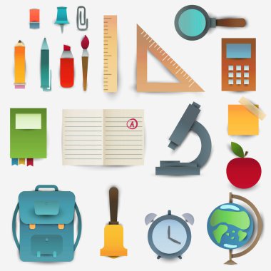 Kağıt kesiği karikatür okul malzemeleri çokgen moda zanaat tarzında ayarlanmış. Modern origami öğretimi, eğitim ve öğrenme sembolü tasarımı. Poster ve afiş için kavramsal arka plan. Vektör illüstrasyonu.