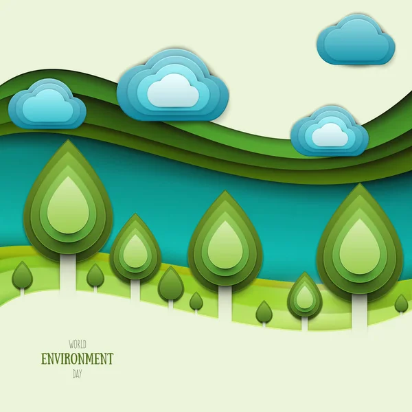 Papiergeschnittene Cartoon Naturlandschaft Mit Grünem Baum Hügeln Und Wolken Realistischem — Stockvektor