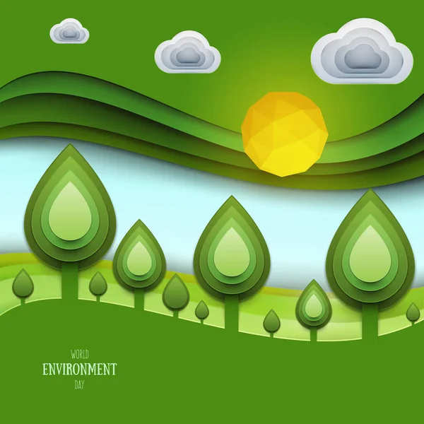 Kağıt Karikatür Doğa Manzarasını Yeşil Ağaç Güneş Bulutlar Gerçekçi Moda — Stok Vektör