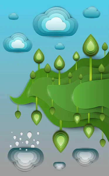 Papiergeschnittene Cartoon Grüne Wiese Mit Pflanzen Und Wolken Realistischem Trendigen — Stockvektor