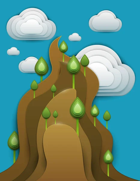 Papiergeschnittener Cartoon Berg Mit Grünen Pflanzen Und Wolken Realistischen Trendigen — Stockvektor