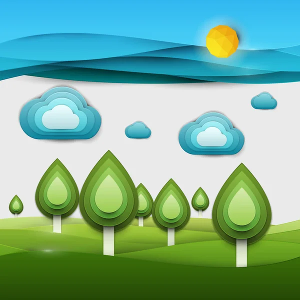 Papiergeschnittene Cartoon Naturlandschaft Mit Grünem Baum Sonne Und Wolken Realistischen — Stockvektor