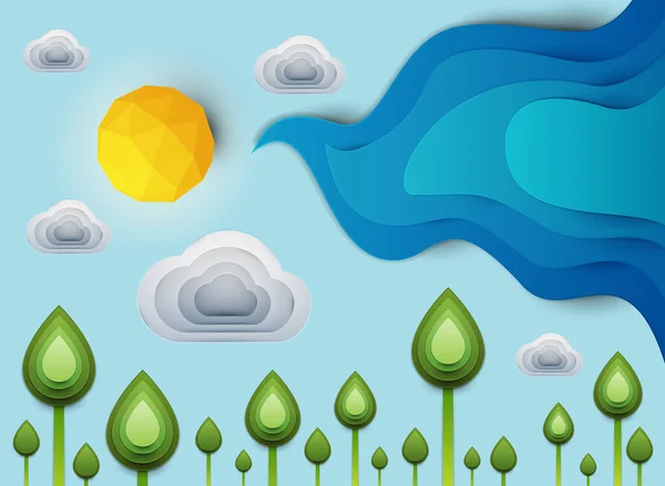 Papiergeschnittene Cartoon Grüne Pflanzen Mit Sonne Und Wolken Realistischem Trendigen — Stockvektor
