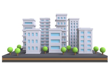 Komik, şirin bir şehir karikatürü. Modern gökdelenleri ve binaları olan ıssız bir şehir alanı. 3d hazırlayıcı.